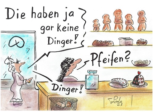 Cartoon: Bäckerei (medium) by TomPauLeser tagged backware,bäckerei,puhmann,stutenkerk,weckmann,ding,dinger,krampus,hefekerl,brötchen,torte,konditorei,kuchen,brezel