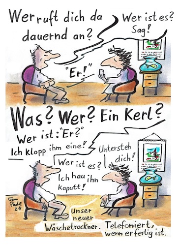 Cartoon: Drama Eifersucht (medium) by TomPauLeser tagged wäschetrockner,eifersucht,er,wer,fremder,drama,streit,aufregen,aufregung,benachrichtigung,app,handy,smartphone,verhauen,verkloppen,kloppen,klopperei,kaputt,schlagen,anruf,anrufe,anrufer,trockenvorgang,display,displaymeldung,meldung,kondenstrockner,wärmepumpentrockner,trockner,fehlermeldung,fertigmeldung,wlan,fertig