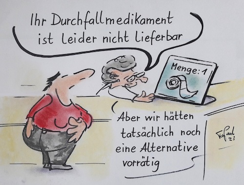 Cartoon: Dünnpfiff (medium) by TomPauLeser tagged apotheke,arznei,apothekerin,medikament,medikamentenknappheit,medikamentenmangel,lieferschwierigkeiten,durchfall,dünnpfiff,dünnschiss,alternativmedikament,pille,tablette,computer,laptop,klopapier,toilettenpapier,wcpapier,morbuscrohn,heilbehelf,präparat