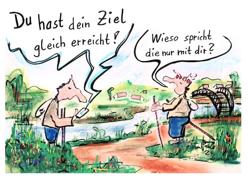 Cartoon: Eifersucht (medium) by TomPauLeser tagged vintagestyle,vintage,retro,brücke,fluss,bach,gewässer,ziel,erreichen,erreicht,benachrichtung,gps,tracker,wanderapp,routenplaner,tourplaner,plan,tourplan,walking,rucksack,eifersucht