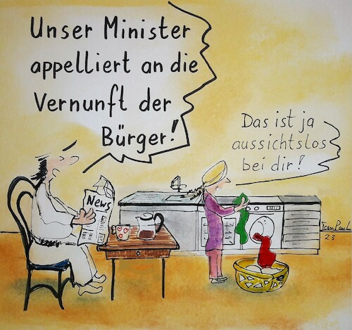 Cartoon: Ein Appell an die Vernunft (medium) by TomPauLeser tagged vernunft,vernünftig,bürger,minister,appell,zeitung,news,frühstück,morgenzeitung,kaffe,kaffeekanne,waschmaschine,wäschekorb,wäsche