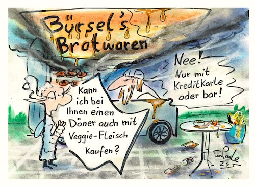 Cartoon: Ein interessantes Bezahlsystem (medium) by TomPauLeser tagged braten,hähnchen,fritten,pommfritt,ketchup,majonaise,frittenschale,bezahlsystem,döner,dönerwagen,haxen,brathaxen,fett,triefen,trieft,kreditkarte,bar,bares,bargeld,barkasse,bareinzahlung,barzahlung