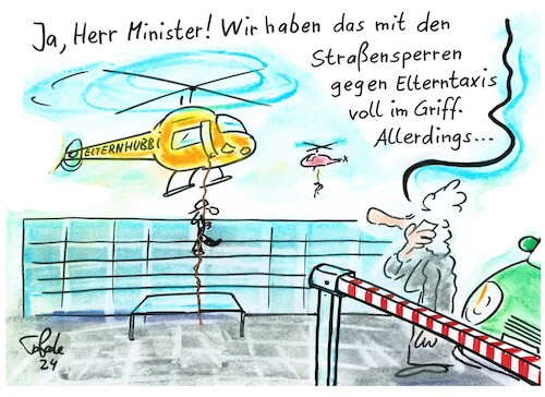 Cartoon: Elterntaxis in Spitzentechnik (medium) by TomPauLeser tagged elterntaxi,hubschrauber,helikopter,schule,schulhof,absperrung,sraßensperre,schranke,sperrschranke,spitzentechnik,high,tec,tech,helikoptereltern