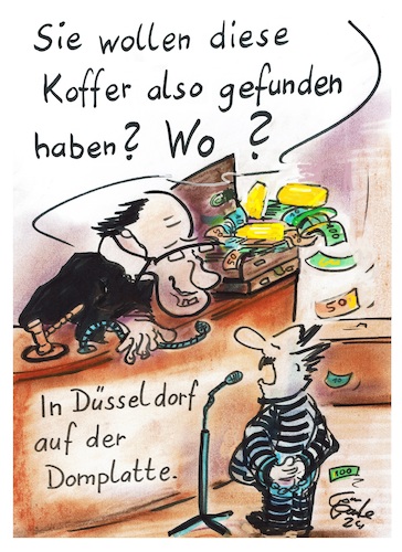 Cartoon: Erdkunde Städtekunde (medium) by TomPauLeser tagged erdkunde,städtekunde,gericht,angeklagter,richter,verurteilung,urteil,gerichtsaal,court,koffer,bargeld,gold,goldbarren,münzen,scheine,geldscheine,geldkoffer,domplatte,köln,düsseldorf,weismachen,lüge,märchen,gefunden,findling