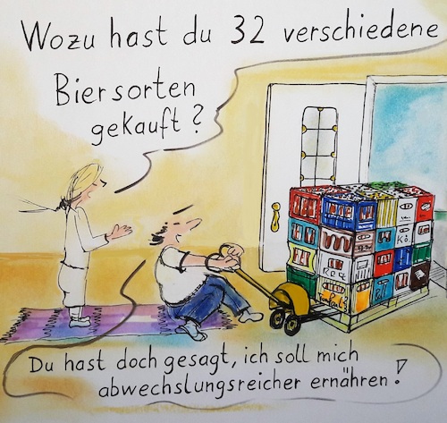 Cartoon: Ernährung (medium) by TomPauLeser tagged ernährung,bier,biersorte,biersorten,ameise,hubwagen,palette,flur,abwechslung,rahmen,bierrahmen,kasten,kästen,bierkasten,bierflasche,ausgewogen,teppich,läufer