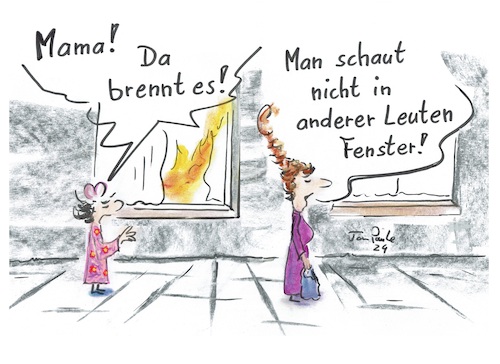 Cartoon: Es brennt (medium) by TomPauLeser tagged brand,feuer,fenster,gucken,leute,leuten,kinde,mama,mutter,vorhang,hausbrand,wohnungsbrand,melden,ausgebrochen