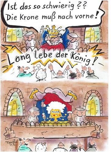 Cartoon: Es lebe der König lang (medium) by TomPauLeser tagged lang,lebe,der,könig,palast,schloß,burg,balon,brüstung,krönung,krone,zepter,volk,volksmenge,wachen,schergen,diamanten,goldkrone,altertümlich,königreich,speier,wasserspeier