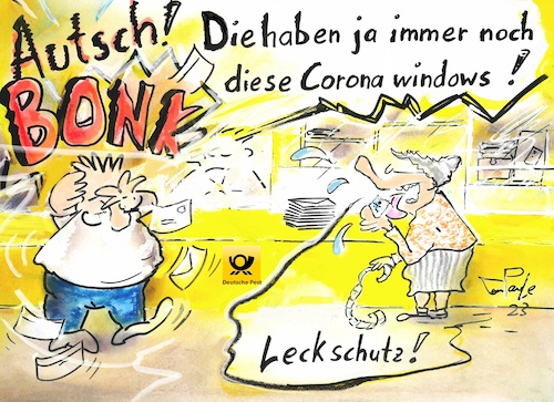 Cartoon: Es macht Bonk (medium) by TomPauLeser tagged post,postamt,briefmarke,marke,brief,briefpost,schalter,postschalter,hauptpost,hauptpostschalter,postbeamter,plastikfenster,schutzfenster,lecken,stempel,corona,schutzmaßnahme,spritzschutz,virenschutz,verletzung,unfall,kopfnuss,schädelbeule,beule,kopfbeule,schmerz,kopfschmerz,rolle,briefmarken,briefmarkenrolle