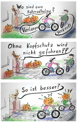 Cartoon: Fahrradhelme (medium) by TomPauLeser tagged fahrradhelm,fahrradhelme,helm,fahrrad,bike,mountainbike,kopfschutz,schutz,haloween,kürbis