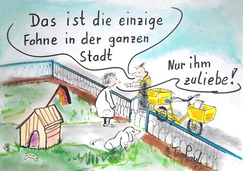 Cartoon: Fanfahne (medium) by TomPauLeser tagged fan,fahne,fanartikel,flagge,hundehütte,zaun,garten,gartenzaun,oma,hund,postbote,briefträger,post,brief,deutschland,nationalmannschaft