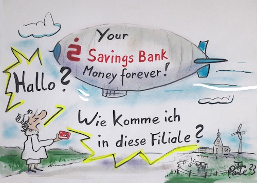 Cartoon: Filialenschliessen (medium) by TomPauLeser tagged bank,bankgeschäfte,kreditinstitut,zeppelin,luftschiff,geldautomat,filiale,bankfiliale,sparkasse