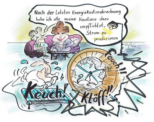 Cartoon: Fit for fun (medium) by TomPauLeser tagged strom,abrechnung,energie,energiekosten,stromabrechnung,teuer,hamsterrad,laufband,couch,nachmittagskaffee,sport,katze,hund,hamster,maus