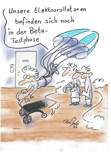 Cartoon: Forschung (medium) by TomPauLeser tagged forschung,elektro,rollator,seniorenhilfe,gehhilfe,elektroscooter,wissenschaft,technik,fallschirm,schlapplachsachen,seniorenheim,tompaule,cartoon,satire,proband