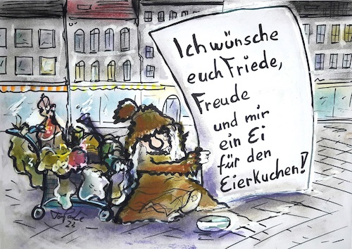 Cartoon: Friede Freude Eierkuchen (medium) by TomPauLeser tagged friede,freude,eierkuchen,sprichwort,obdachlos,almosen,wünsche,wunsch,platte,straße,frieden,freuden