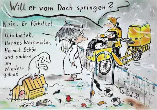 Cartoon: Fürbitte (medium) by TomPauLeser tagged fürbitte,udo,lattek,hennes,weisweiler,helmut,schön,wiedergeburt,reinkarnation,regenschirm,schirm,postbote,hund,hundehütte,schnee,schneeregen,knochen,napf,fressnapf,fahne,zerissen,zerbissen,briefe,ebike,elektrofahrrad,fahrrad,garten,schneematsch,gartenzaun,postfahrrad