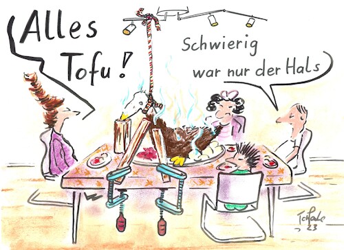 Cartoon: Gans vegetarisch (medium) by TomPauLeser tagged gans,vegetarisch,festtagsbraten,tofu,soja,tofugans,sojagans,martinsgans,weihnachtsgans,weihnachtsessen,advebtzeit,gedeckter,tisch,led,leuchte,lampe,halogenlampe,deckenlicht,familie