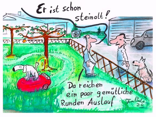 Cartoon: Gassi fahren (medium) by TomPauLeser tagged rasenmäher,rasenmähroboter,mähroboter,rasenroboter,roboter,gartenpflege,gartenzaun,siedlung,hunde,hundeleine,apfel,apfelbaum,wohnhaus,einfamilienhaus,garage,garagentor,pinkeln,hundefäkalie