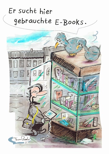 Cartoon: Gebrauchte Bücher (medium) by TomPauLeser tagged gebrauchte,bücher,ebook,buchschrank,tompaule,satire,tauben,antiquariat,buch,lesen,schlapplachsachen,innenstadtbücherschrank,bibliothek,buchsammlung,büchersammlung,satirecartoon,buchspende,bücherspende,laptop,digitales,kindle