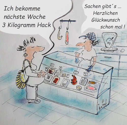 Cartoon: Gehacktes (medium) by TomPauLeser tagged gehacktes,metzger,metzgerei,kunde,kundin,wurst,hack,auslage,theke,wursttheke,fleischtheke,waage,schwanger,schwangerschaft,niederkunft,hochschwanger