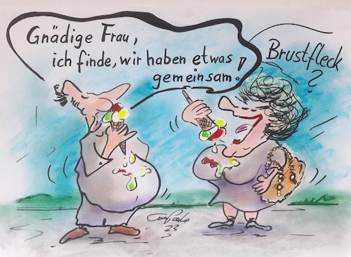 Cartoon: Gemeinsames (medium) by TomPauLeser tagged eisessen,bauchfleck,brustfleck,gemeinsam,gemeinsamkeit,verschiedenheit,verschieden,gleich,dasselbe,hörnchen,eishörnchen,fleck,flecken,schmutz,dreck,gnädig