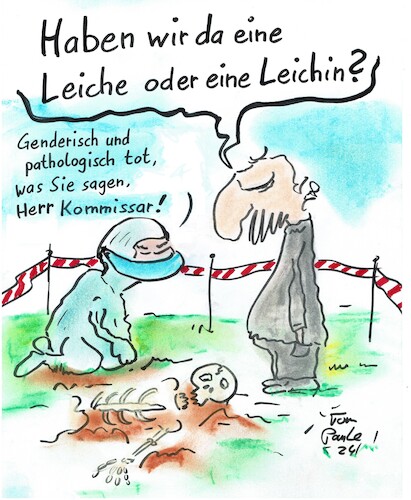 Cartoon: Gendern ist gestorben (medium) by TomPauLeser tagged gendern,gerippe,skelett,leiche,leichenfund,kommissar,mordkommission,kommission,tatort,tatortabsperrung,absperrung,absperrband,polizeiabsperrung,pathologe,pathologie,forensiker,forensisch,knochen,knochenmann,knochenfrau,ermittler,untersuchunggestorben