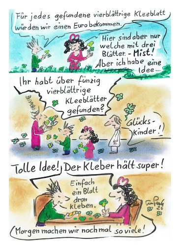 Cartoon: Glückskinder Pfusch (medium) by TomPauLeser tagged kleeblatt,glück,pfusch,glückskinder,vierblättrig,taschengeld,aufbessern,eltern,mutter,vater,wiese,kleewiese,klee,gras,pflücken,sammeln,kleben,kleber,tube,klebertube,pfuschen