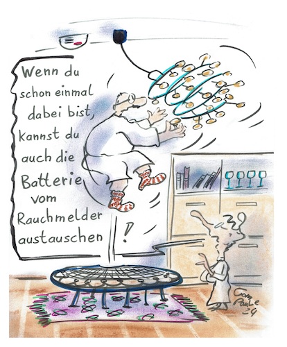 Cartoon: Große Sprünge machen (medium) by TomPauLeser tagged trampolin,hüpfburg,fitness,fitnesstrampolin,glühbirne,kronleuchter,wohnzimmer,birnenwechsel,batteriewechsel,rauchmelder,feuermelder,sprünge,machen,tüv,geprüfte,qualität,zimmertrampolin,minitrampolin,klappbar,schrank,glasschrank,hüpfsport,trampolinsport,socken,stricksocken,led