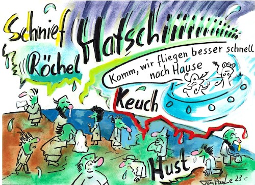 Cartoon: Grüne Menschchen (medium) by TomPauLeser tagged krankheiten,grippe,grippewelle,keuchusten,husten,schnupfen,heiserkeit,epedemie,pandemie,viren,bakterien,nasenspray,raumschiff,ausserirdische,besucher,besuchen,erde,welt,planet,seuche,seuchengefahr,ansteckung,ansteckend