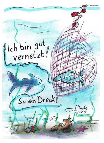 Cartoon: Gut vernetzt (medium) by TomPauLeser tagged vernetzt,netz,soziale,medien,social,media,fisch,fangen,fischfang,dreck,alter,schuh,humor,illustration,internet,karikatur,kinder,klima,klimawandel,tagescartoon