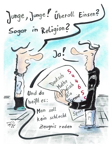 Cartoon: Gutes Zeugnis (medium) by TomPauLeser tagged gutes,zeugnis,noten,schulnoten,schulzeugnis,abschlußzeugnis,vier,fünf,sechs,religion,physik,chemie,deutsch,englisch,fremdsprachen,sprache,mathe,mathematik,einsen,halbjahreszeugnis,punktesystem,notensystem,benotung