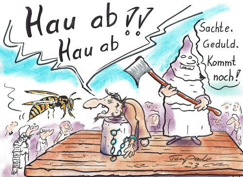 Cartoon: Habt Langmut (medium) by TomPauLeser tagged mittelalter,hinrichtung,köpfen,scharfrichter,henker,geduld,langmut,wespe,schaulustige