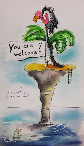 Cartoon: Halbmast (medium) by TomPauLeser tagged insel,inselcartoon,halbmast,geier,you,are,welcome,willkommen,strickleiter,kliff,riff,klippe,seenot,ausweglos