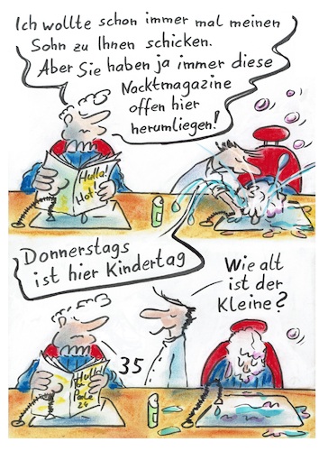 Cartoon: Herrenmagazin contra Kindercomic (medium) by TomPauLeser tagged barbier,friseur,frisör,herren,herrenmagazin,frauenmagazin,kindertag,donnerstag,donnerstags,shampoo,kinderheft,kinderbuch,kindercomic,erwachsene,frisur,waschbecken,kittel,frisörkittel,friseurkittel,frisörumhang,umhang,altersbegrenzung,fsk