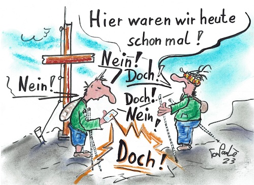 Cartoon: Hier waren wir schon mal (medium) by TomPauLeser tagged bergwelt,gipfel,gipfelkreuz,verirrt,wanderung,bergwandern,walking,walkingstöcke,navi,wanderführer,verlaufen,wanderrunde