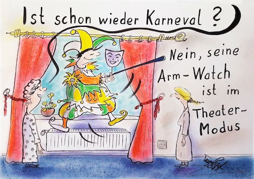 Cartoon: Im Theatermodus (medium) by TomPauLeser tagged theatermodus,digitaluhr,uhr,theater,armbanduhr,uhrzeit,digital,karneval,narr,zeit