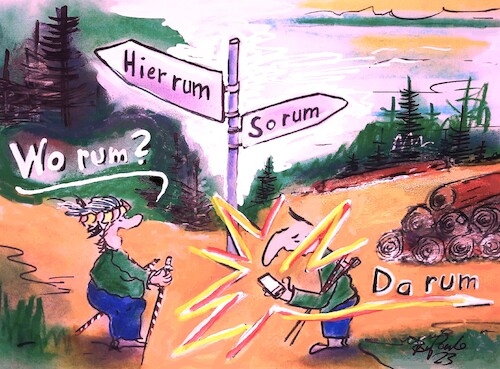 Cartoon: Im Wald stehen (medium) by TomPauLeser tagged navi,handy,smartphone,wegweiser,landschaft,walking,wanderung,verirrt,darum,worum,natur,wegbeschreibung,wandern,wanderkarte,urlaub,freizeit