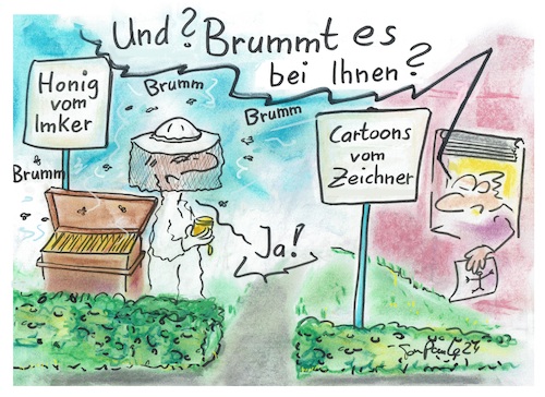 Cartoon: Imkerfreude (medium) by TomPauLeser tagged brummen,bienen,imker,bienenstock,honig,honigwabe,wabe,bienenwabe,bienenzucht,honigverkauf,bienenhonigverkauf,nachbarn,nachbarschaft,schutzkleidung,bienenstich,zeichner,cartoonzeichner,verkauf