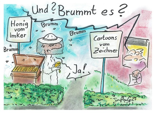 Cartoon: Imkerfreuden (medium) by TomPauLeser tagged brummen,bienen,imker,bienenstock,honig,honigwabe,wabe,bienenwabe,bienenzucht,honigverkauf,bienenhonigverkauf,nachbarn,nachbarschaft,schutzkleidung,bienenstich,zeichner,cartoonzeichner,verkauf