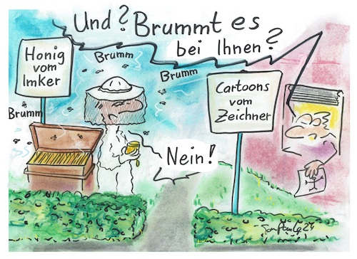 Cartoon: Imkerfreund (medium) by TomPauLeser tagged brummen,bienen,imker,bienenstock,honig,honigwabe,wabe,bienenwabe,bienenzucht,honigverkauf,bienenhonigverkauf,nachbarn,nachbarschaft,schutzkleidung,bienenstich,zeichner,cartoonzeichner,verkauf