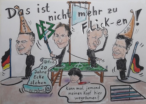 Cartoon: In der Schreckenskammer des DFB (medium) by TomPauLeser tagged dfb,fifa,fussball,bierhoff,flick,löw,watzke,fussballtrainer,abrechnung,guilotine,tompaul,thomas,leser,karikatur,cartoon