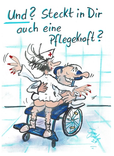 Cartoon: Infoblatt P01 der BAMS (medium) by TomPauLeser tagged bams,bundesministerium,bundesagentur,für,arbeit,und,soziales,rollstuhl,pflegekraft,senior,pflegebedürftige,pflegebedürftig,pflegedienst,infoblatt,gesucht,fachkräftemangel