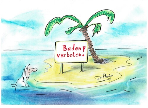 Cartoon: Inselcartoon Nr. 7 (medium) by TomPauLeser tagged inselcartoon,insel,schiffbruch,schiffbrüchiger,badeverbot,baden,verboten,schwimmen,nicht,erlaubt,palme,strand,palmenstrand,meer,strandsand,verbotsschild