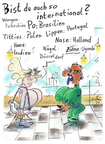 Cartoon: International (medium) by TomPauLeser tagged echt,schönheitsop,schönheitswahn,aufspritzen,einspritzen,vergrößern,verkleinern,poimplantate,implantate,wimpern,lippen,kosmetische,veränderung,machbarkeitswahn,machbarkeit,schönheitsfarm,beauty,beautyklinik,schönheitsklinik,plastische,chirug,chirugie,schönheitsplastische,polen,tschechien,holland,brasilien,düsseldorf,portugal,indien,wangen,nase,zähne,titties,busen,brust