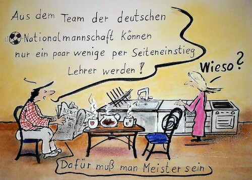 Cartoon: Keine Lehrer (medium) by TomPauLeser tagged lehrer,lehrermangel,qualifikation,quereinsteiger,seiteneinsteiger,meister,meisterbrief,meisterschaft,nationalmannschaft,team,frühstück,kaffeepause,zeitung,news,lesen,nachrichten,sport