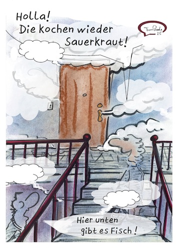 Cartoon: Kochmarathon (medium) by TomPauLeser tagged treppenhaus,treppe,kochgelage,kochmarathon,dunstabzugshaube,defekt,kochen,braten,dünsten,gerüche,fisch,fischgeruch,knoblauch,knoblauchgeruch,gestank,riechen,sauerkraut