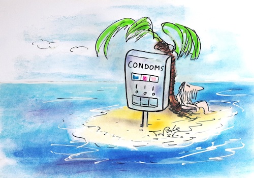 Cartoon: Kondomautomat (medium) by TomPauLeser tagged insel,kondome,kondomautomat,verlangen,sehnsucht,pariser,palme,gestrandet,meer