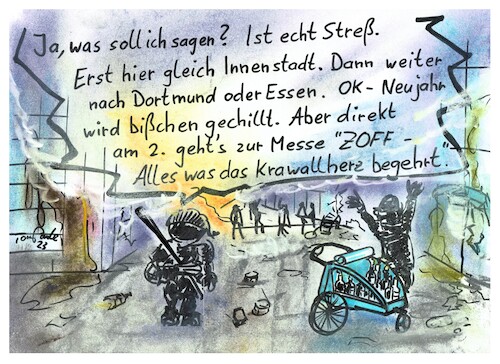 Cartoon: Krawallzoff (medium) by TomPauLeser tagged krawallzoff,zoff,krawall,unruhe,unruhestifter,chaos,ausnahmezustand,krawalle,silvester,dortmund,essen,innenstadt,fußgängerzone,molotowcocktail,fahrradanhänger,kinderwagenanhänger,vermummt,vermummte,chaot,chaoten