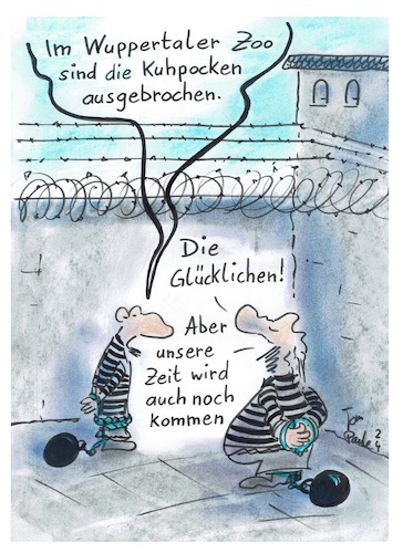 Cartoon: Kuhpockenvirus (medium) by TomPauLeser tagged kuhpocken,pocken,virus,wuppertal,zoo,ausbruch,virusausbruch,virenbefall,säugetier,zoologischer,garten,gefängnis,zelle,justiz,justizanstalt,häftling,strafgefangene,innenhof,wärterturm,turm,stacheldraht,drahtzaun,kuhpockenvirus,tiergruppe