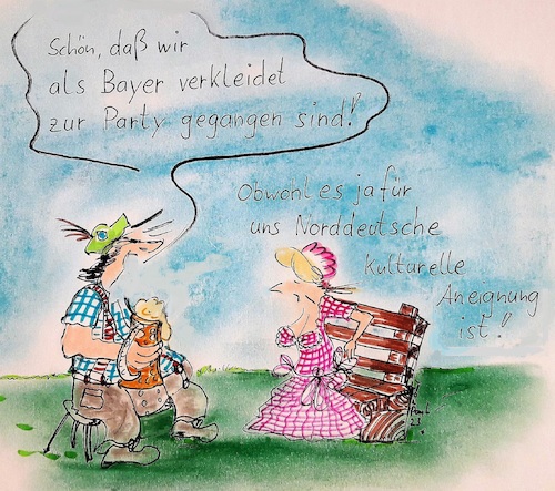 Cartoon: Kulturelle Aneignung (medium) by TomPauLeser tagged bayern,bayer,dirndl,verkleiden,latzhose,mass,bier,bierkrug,wiesn,oktoberfest,fasching,schützenfest,schemel,tracht,kulturelle,aneignung,arbeit,art,business,caricature,cartoon,cartoons,comic,demokratie,deutschland,digital