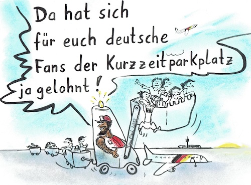 Cartoon: Kurzzeitparkplatz (medium) by TomPauLeser tagged rollfeld,gepäckabfertigung,rollbahn,kurzzeitparkplatz,parkplatz,flughafen,fussball,fußballfans,flugzeug,flieger